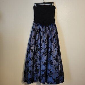 VTG Gunne Sax Jessica McClintock Black Velvet Bodice Blue Floral Skirt size 7